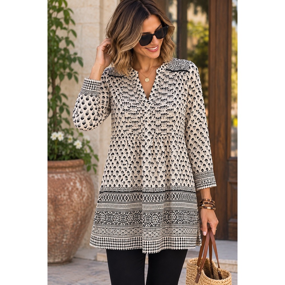 Fabindia Cotton Block Print Tunic Top Medium Black Ivory Boho Kurta Long Sleeve
